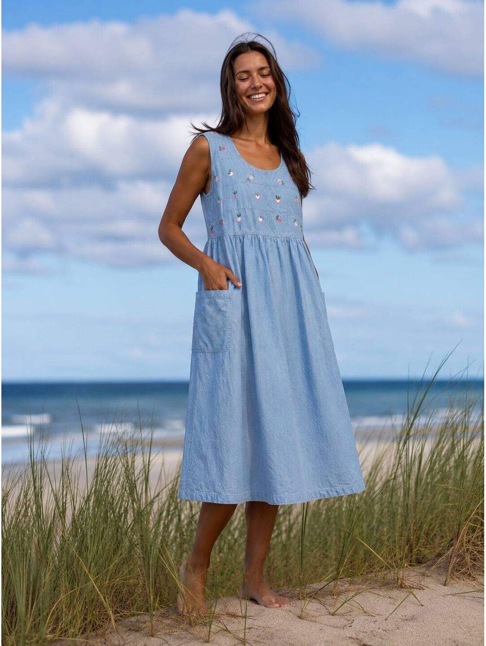 Take Nine Maternity Women's Size S Blue Denim Strawberry Embroidered Midi Dress